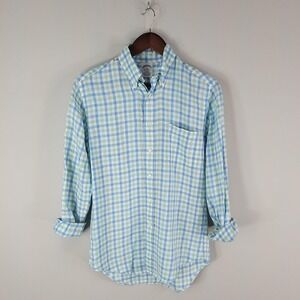 Brooks Brothers Shirt Mens Small Blue Green Plaid Regent Irish Linen Button Down